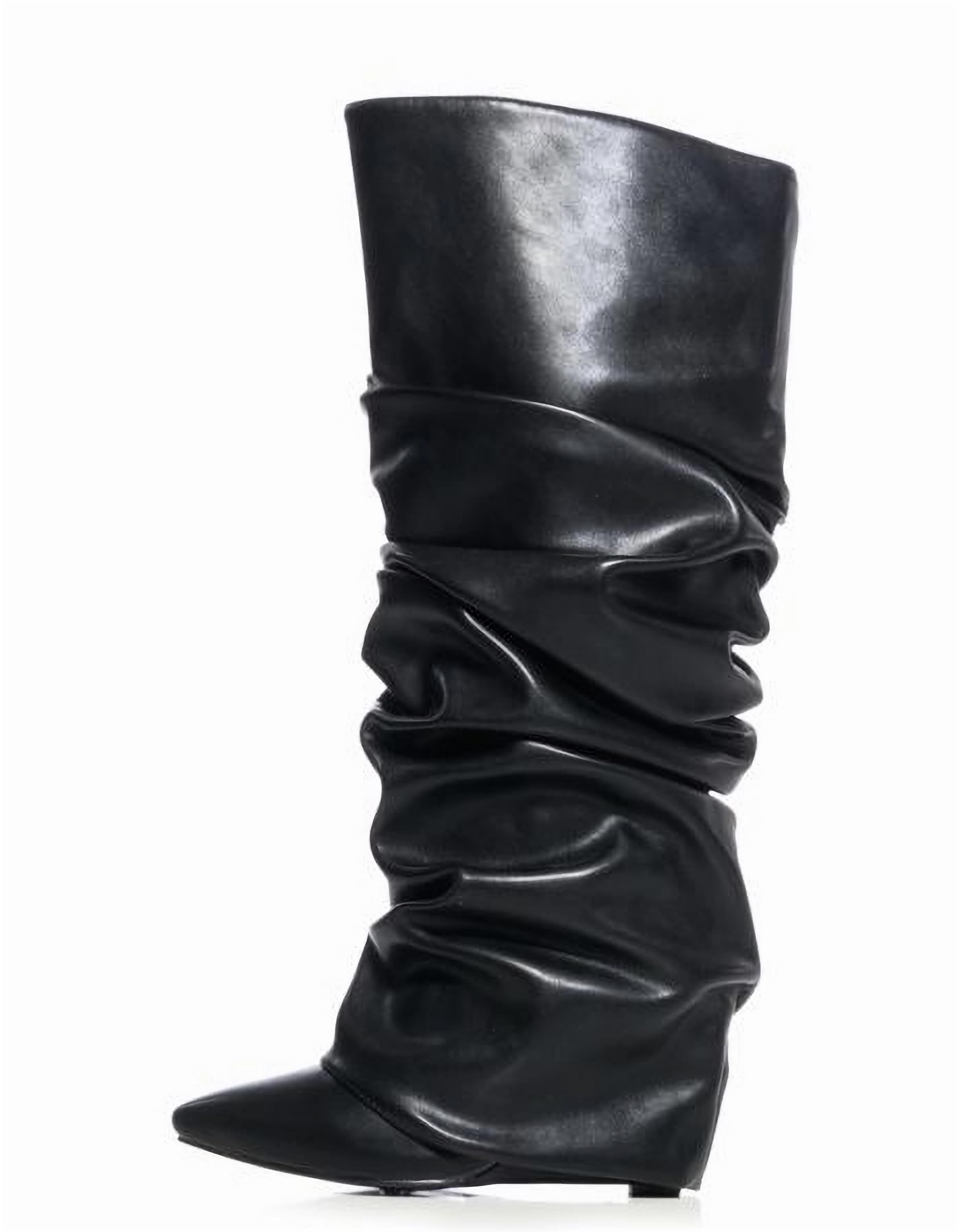 LISHAN Women's Knee High Fold over Wedge Heel Long Shark Boots Pull on Shoes