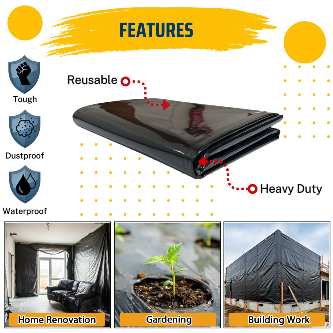 CHESTAF 2M X 2M Black Plastic Sheeting Heavy Duty, 360G Thick Polythene Sheeting Garden Grow - Image 4