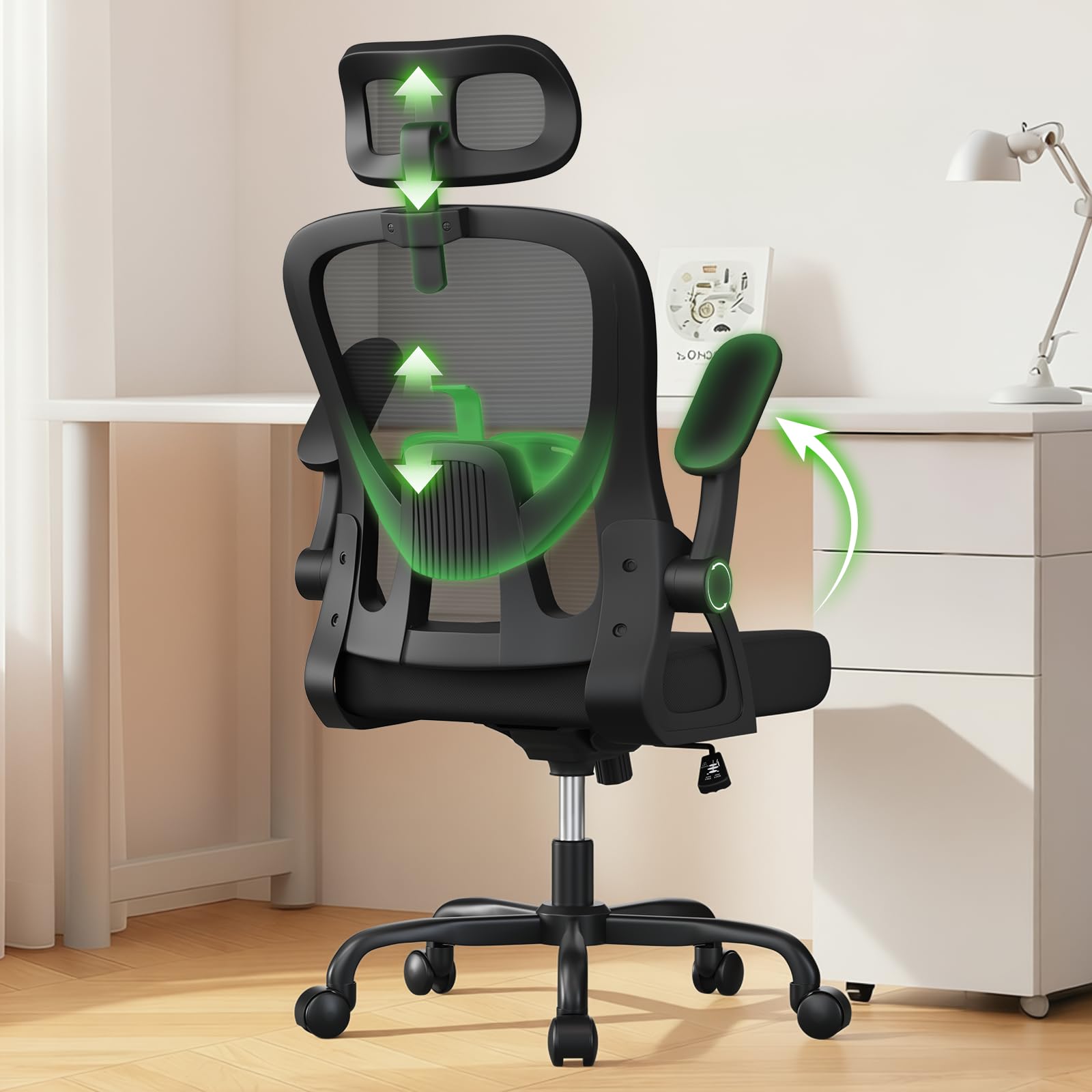 naspaluro Office Desk Ergonomic Chair with Adjustable Back/Headrest//Flip-up Armrests Comfy Computer Small Heavy Duty Swivel Chairs for Home Office Comfortable Black Study Work Mesh PC Chairs & Stool