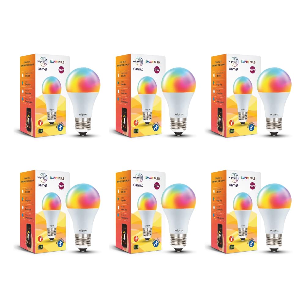 wipro 9-Watt E27 WiFi Smart LED Bulb with Music Sync (16 Million Colours + Warm White/Neutral White/White) (Compatible with Amazon Alexa and Google Assistant), Standard (NS9500)| Pack of 6