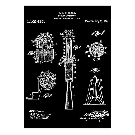 INKOLOGIE Modern Black Patent Wall Art Decor Poster Print, A3 Size 11.75 x 16.50-inch, Planes, Trains, Automobiles, Rocket Patent 1, 1-Pack, No Frame, Science, Rocket Ship, Space Art, Outer Space