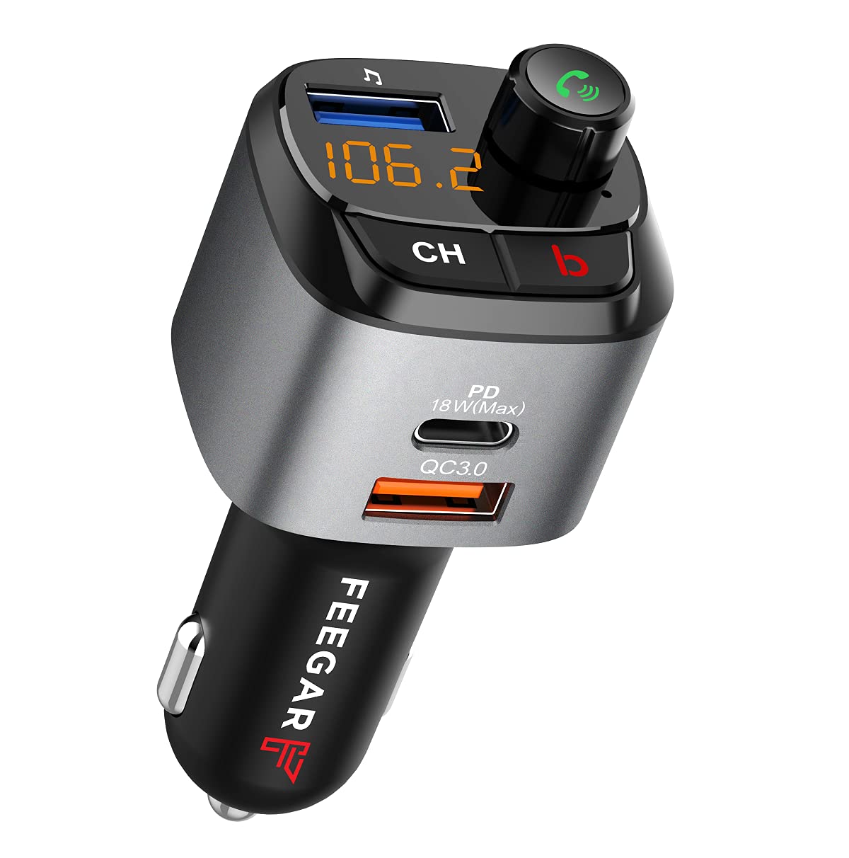 Feegar Q100 Pro Transmiter FM Bluetooth 5.0 zestaw głośnomówiący QC3.0 MP3 LED Ładowarka samochodowa USB 38W Mikrofon HD Przycisk B (Bass Boost Surround Effect) Typ C PD 3.0 / 4.0 Siri Assistant Pokazuje stan napięcie w aucie
