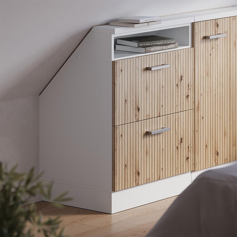 Vicco Meuble de Rangement sous Pente Rion, Chêne Artisan/Blanc | L60 x P46 cm , avec 2 tiroirs, gain de place pour les pièces mansardées
