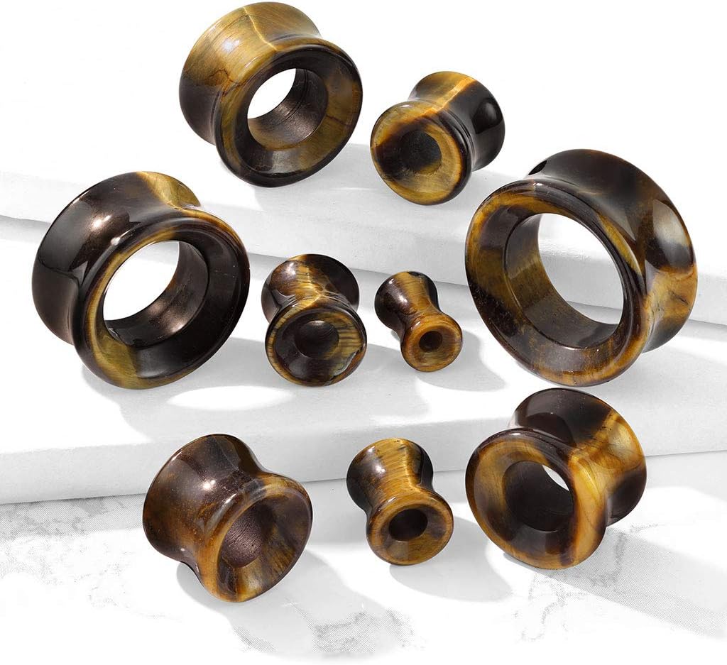 Pierced Owl - Tiger Eye Stone Double Flared Saddle Tunnels, Sold as a Pair