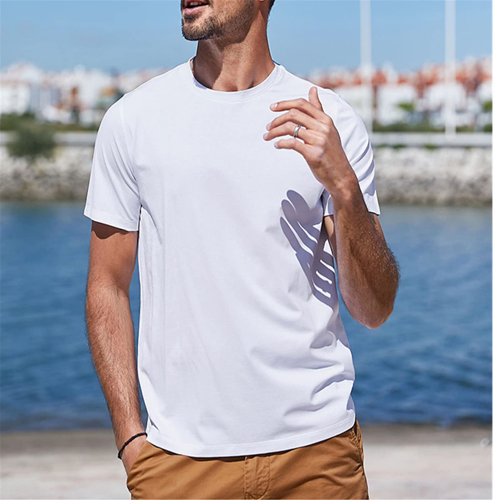 Kelsiop Camiseta de algodón de manga corta para hombre, ajuste delgado, color sólido, cuello redondo, elástico