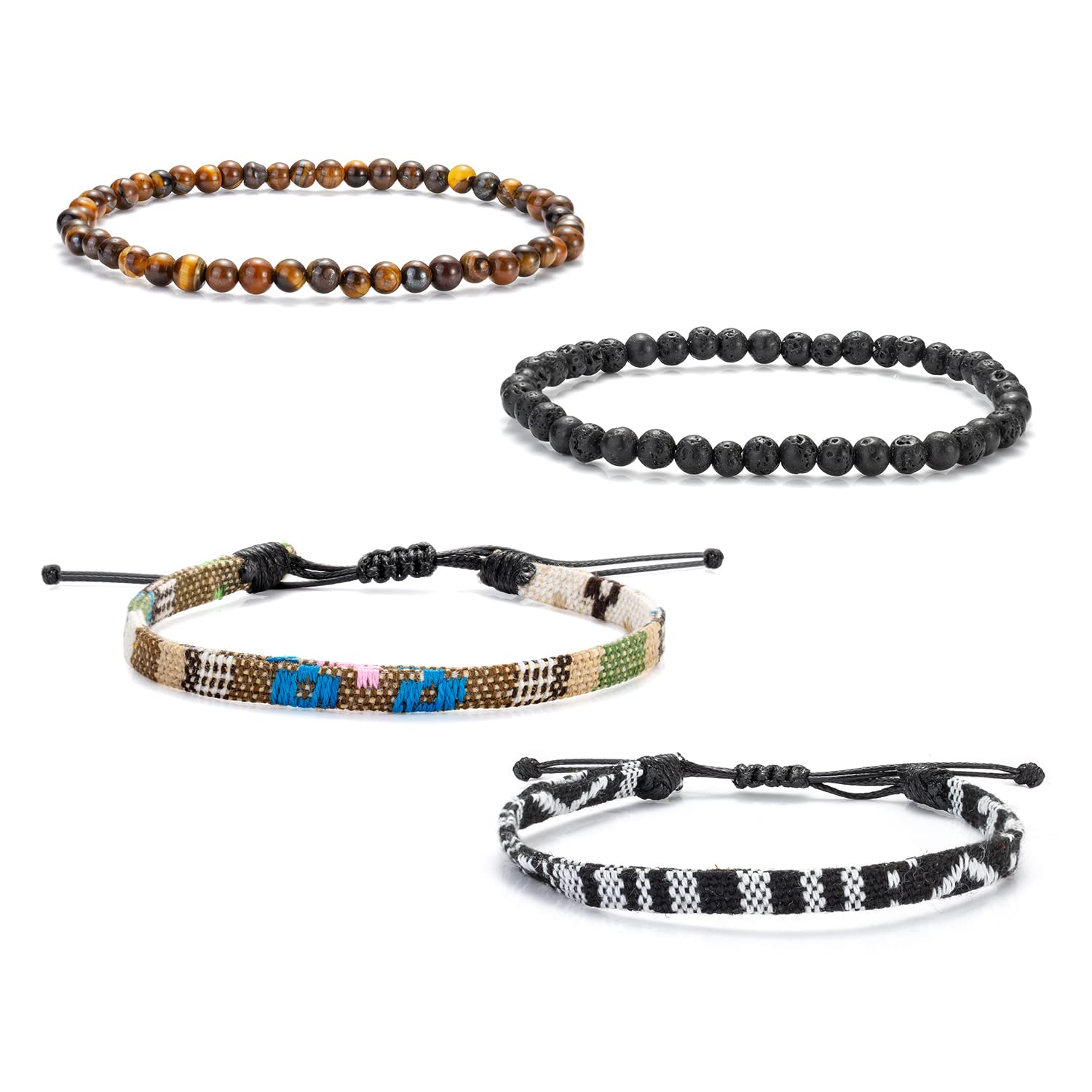 Zestaw 4 bransoletek w stylu boho dla surferów, kolorowe, w stylu etnicznym, pleciona tkanina, bransoletka plażowa, fajne tygrysie oko, wulkaniczne, koraliki, prezent dla mężczyzn i kobiet