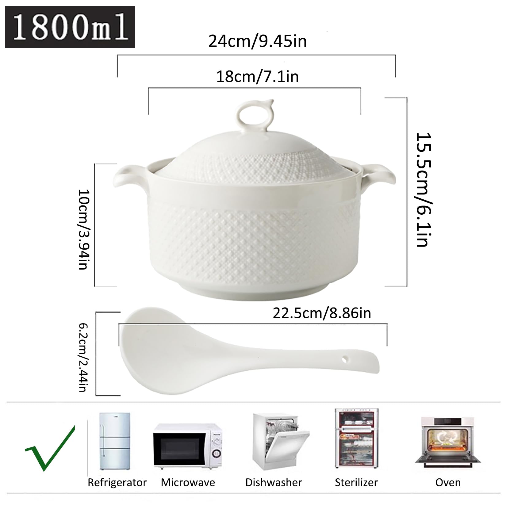 Soupière de Service avec Couvercle et Louche, Bol de Service de Soupe en Porcelaine pour Cuisine à Domicile Restaurant,Blanc,1800ML
