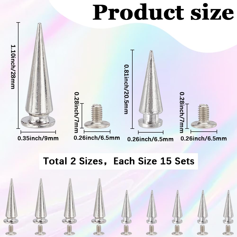GORGECRAFT 30 Sets 2 Sizes 28mm 20mm Silver Leather Punk Rivets Metallic Cone Spike Studs Screwback Punk Rock Tree leathercraft Stud Screw on Cone Rivets for Leather Clothing Jackets Shoes - Image 2