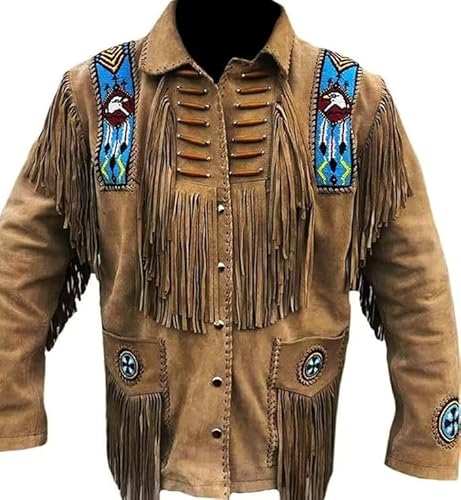 Calmweft Men's Leather Mountain Man Jacket, Native American Style, Beaded Buckskin Warshirt with Fringe (US, Alpha, Large, Regular, Regular, Eagle Beads Jacket)