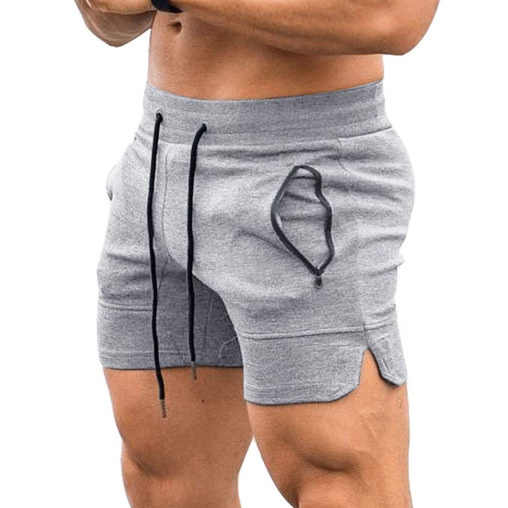 Men's Solid Gym Workout Shorts Bodybuilding Running Fitted Training Jogging Short Pants with Zipper Pocket 3 Colors