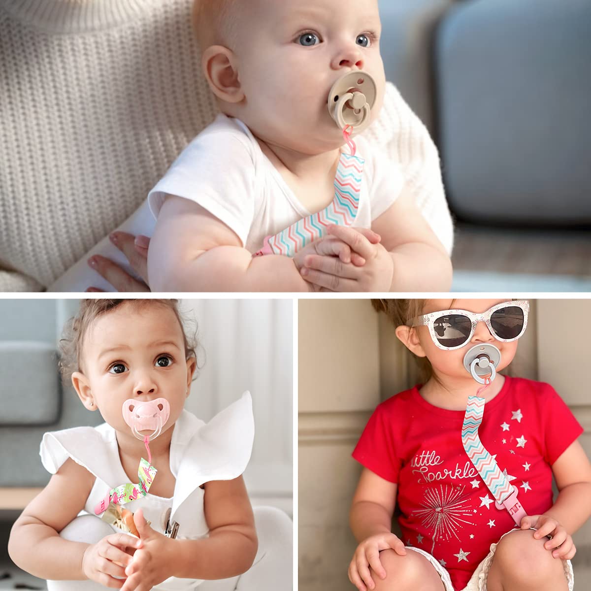 4 Pezzi Ciuccio Catena per Bambini, Catenella Porta Ciuccio con 4 Pezzi Ciuccio Clip Adattatore per Neonato per Nascita Battesimo Baby Compleanno Natale Regalo