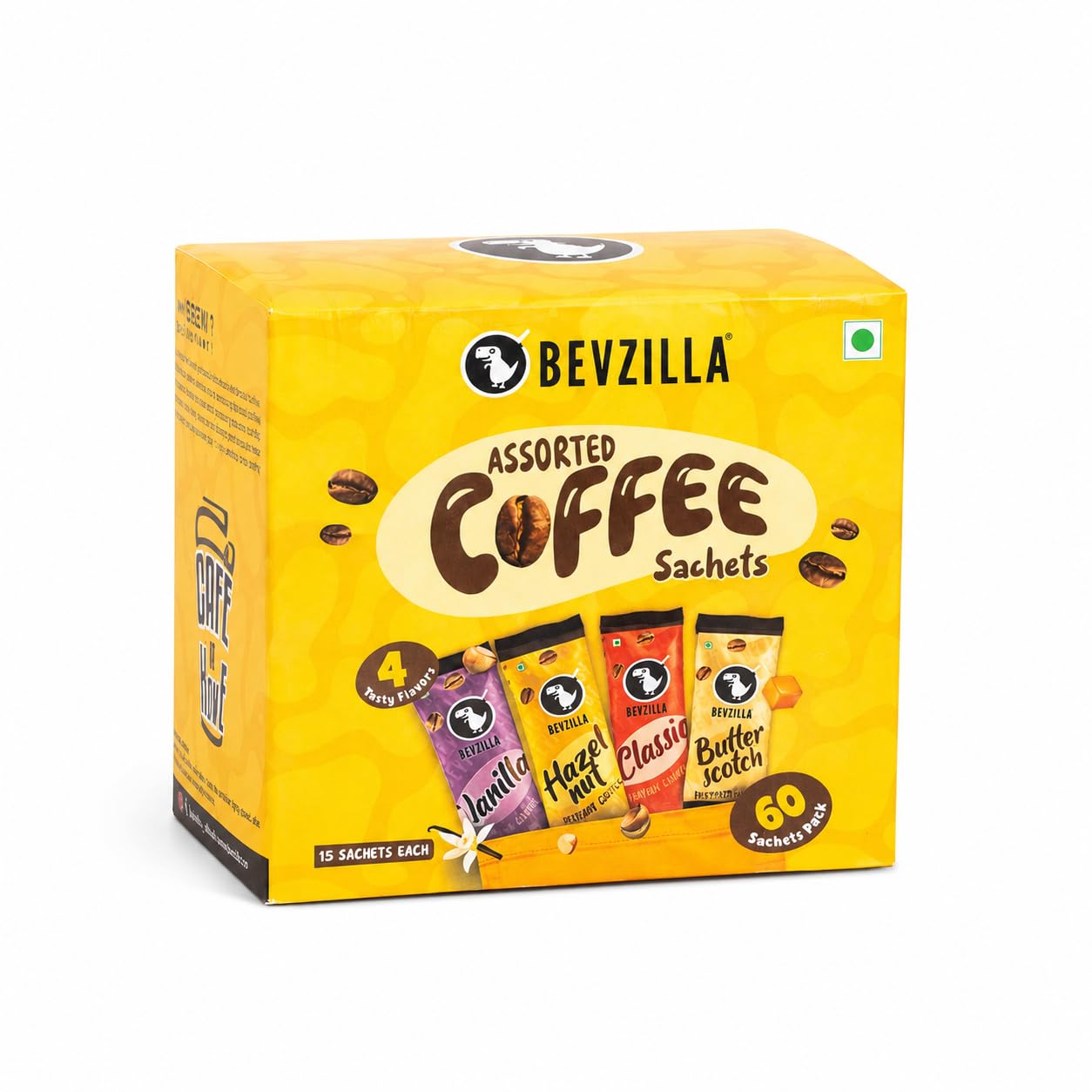 Bevzilla Instant Coffee Powder - 60 Sachets | Turkish Hazelnut, Colombian Gold, French Vanilla & English Butterscotch | 15 Sachets Each Flavour| Makes 60 Cups| 100% Arabica Coffee| Strong Coffee
