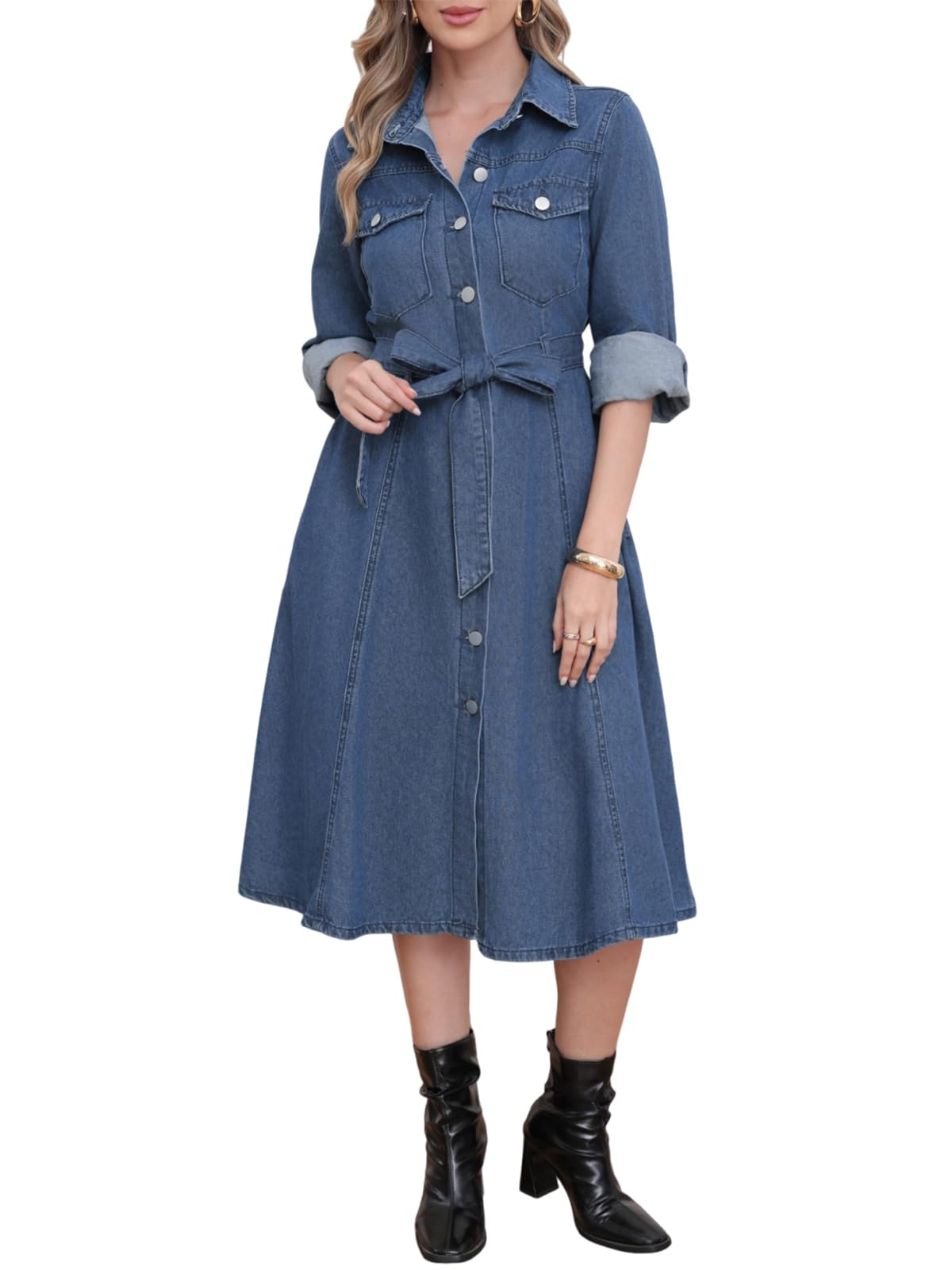 Denim Dress for Women 2025 Casual Belted Long Sleeve Button Down Midi Jean Dresses with Pockets