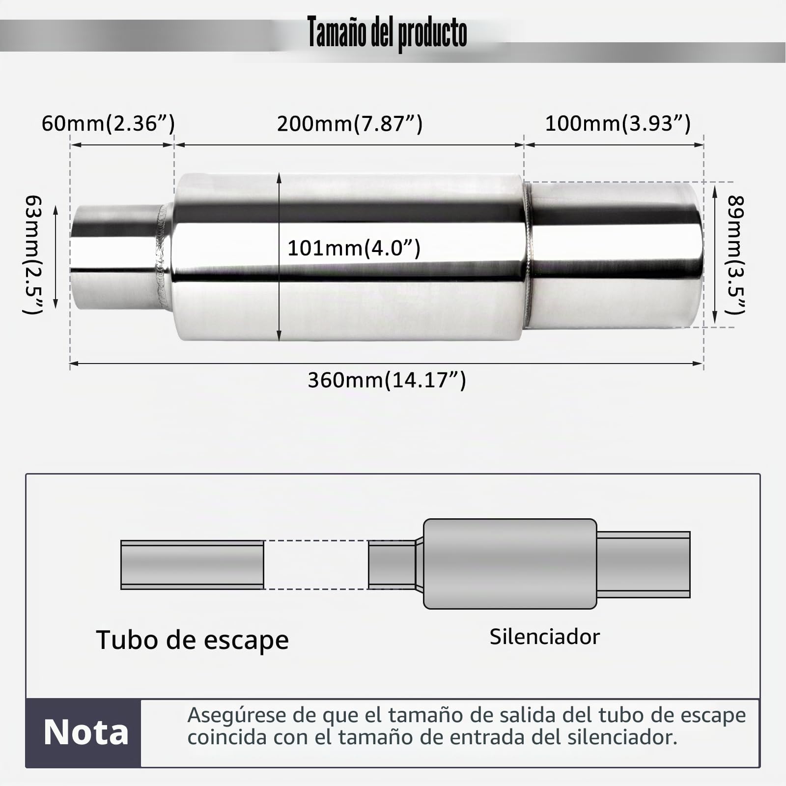 Catekro 63mm Silenciador de Escape Trasero para Coche, Acero Inoxidable 2,5" Silencioso Universal Reforzado 2.5"x3.5"x14" para Reducción de Ruido Tubo de Escape Deportivo Recambio Original Plata