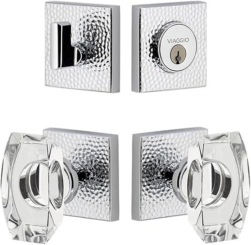 Viaggio 628953 Pomo de cristal Stella con roseta martillada de cromo brillante y cerrojo a juego, juego de fondo 2-34"