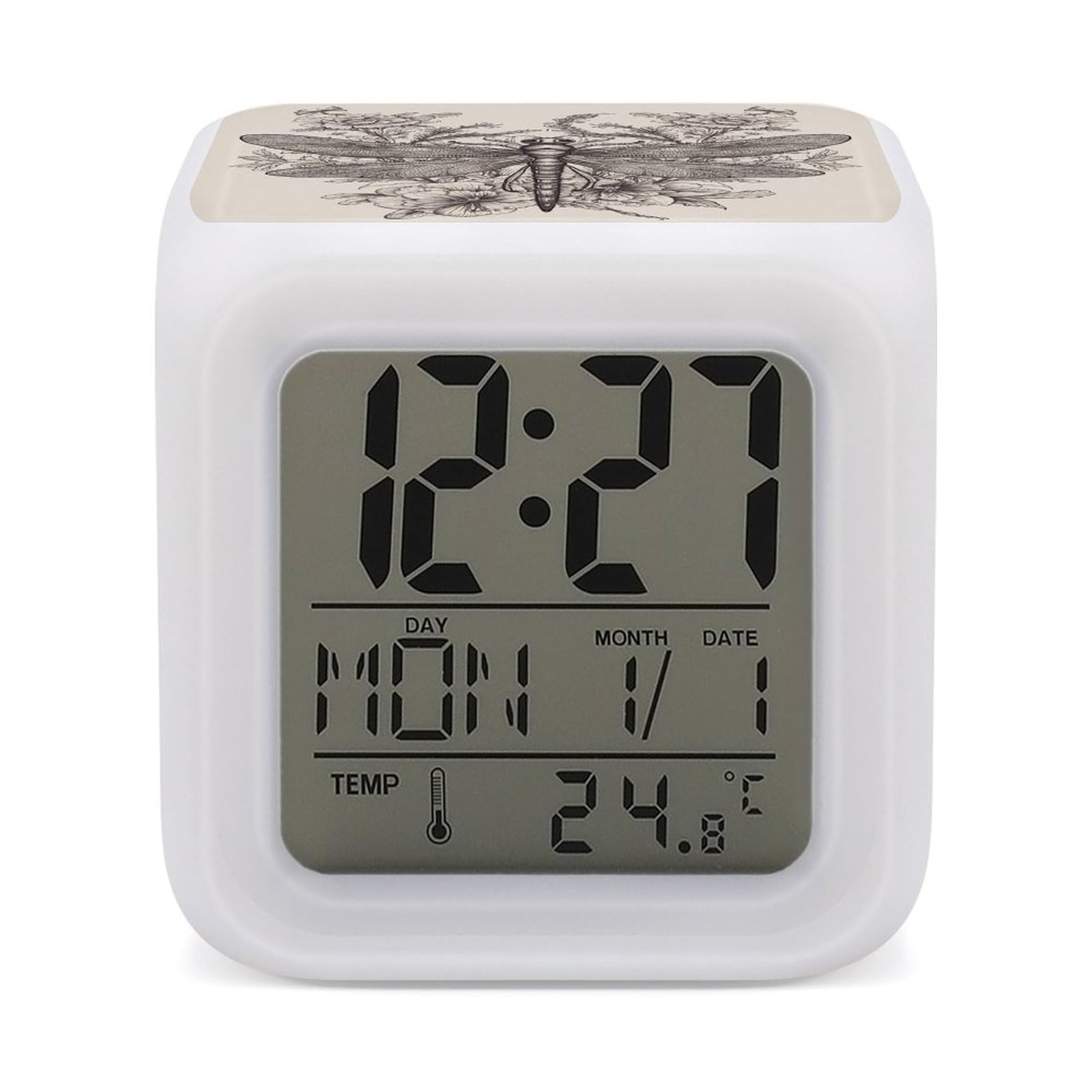 VstaDank Hand Drawn Floral Dragonfly Digital Alarm Clock LED Display Screen Color Change Alarms Clock Smart Alarm Clock Wake Up Digital Clocks with 7 Color Nightlight for Bedroom