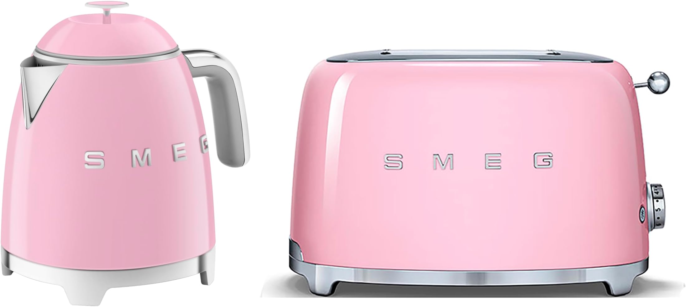 Smeg 50’s Style Retro Range Breakfast Set, 0.8L 1400W Mini Kettle and Multi-Functional Control 2-Slice 950W Toaster, Pastel Pink, KLF05PKUK/ TSF01PKUK