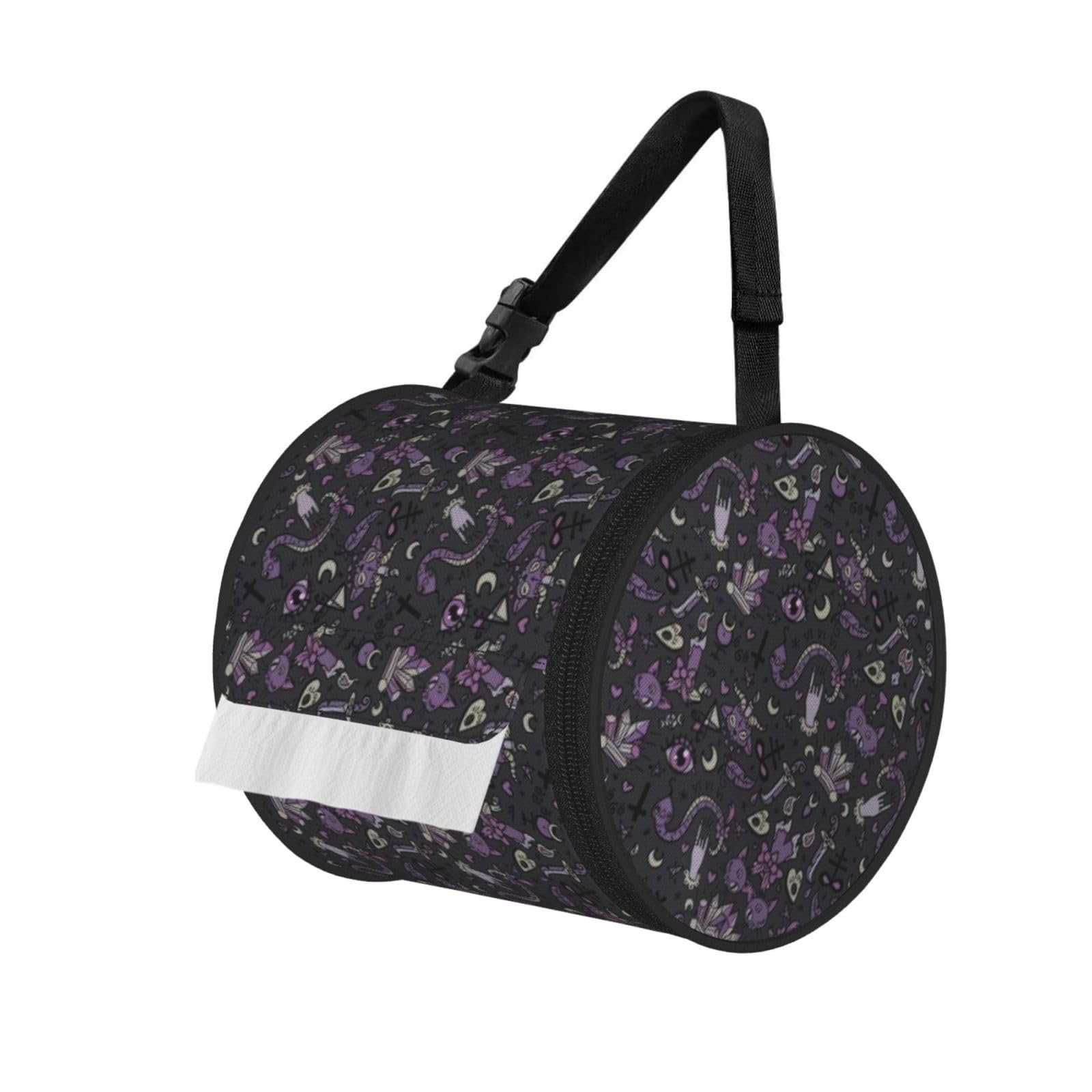 Purple Black Goth Spooky Print Round Paper Tissue Holder With Shoulder Strap, Portable Roll Case For Caravan Travel Use