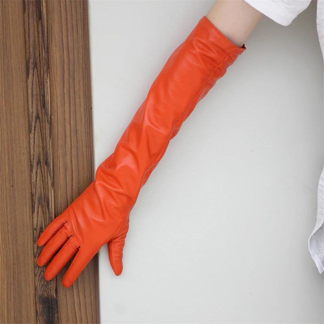 Damen Lange Orange Echtes Leder Handschuhe Schaffell über Ellenbogen Benutzerdefinierte Größe Warm Winter Opern-Stil