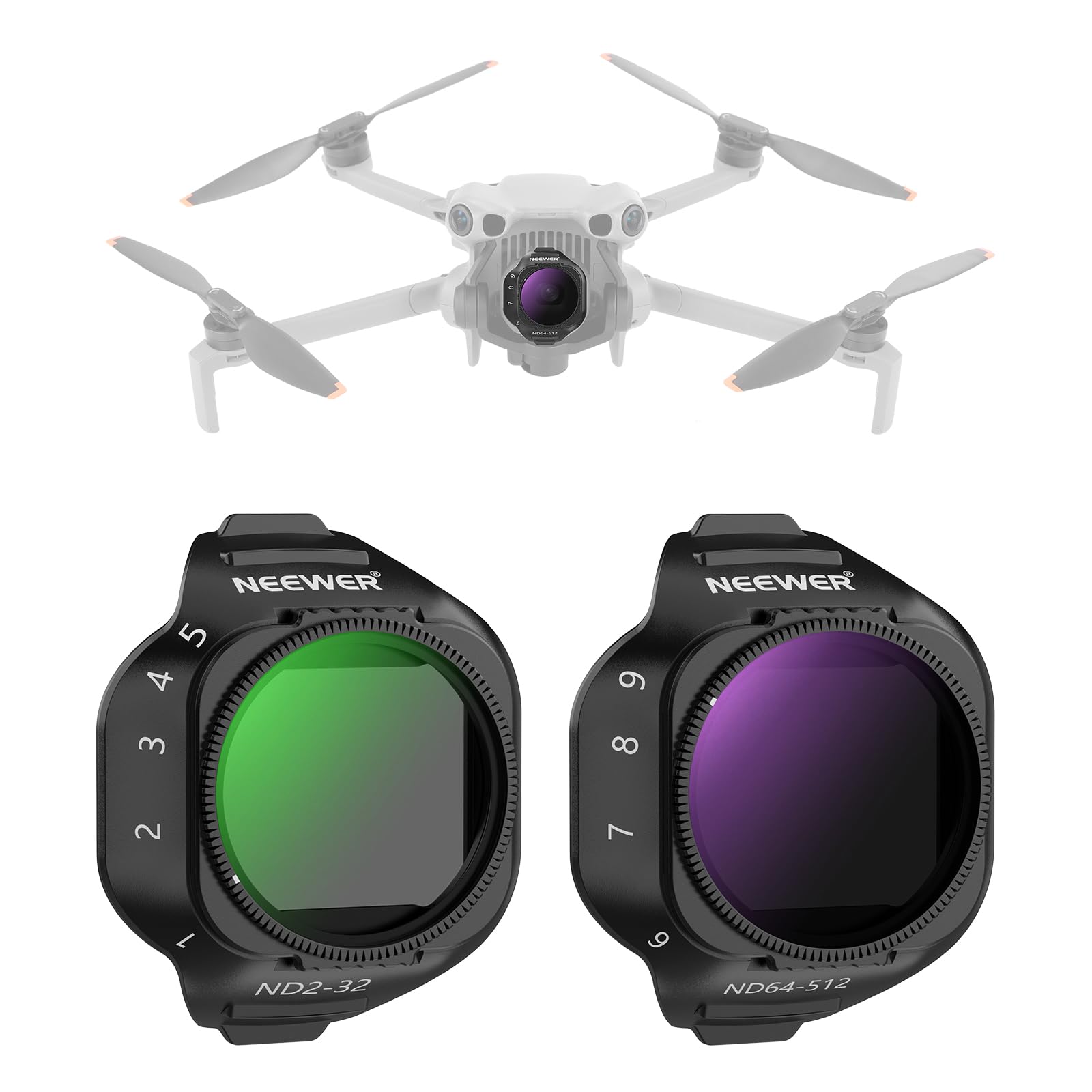 NEEWER Variable ND Filter Set Compatible with DJI Mini 5 Pro Drone Camera (ND2-32 + ND64-512), Snap On Adjustable Neutral Density Multicoated Optical Glass Lens Filter Photography Accessories, 2 Pack