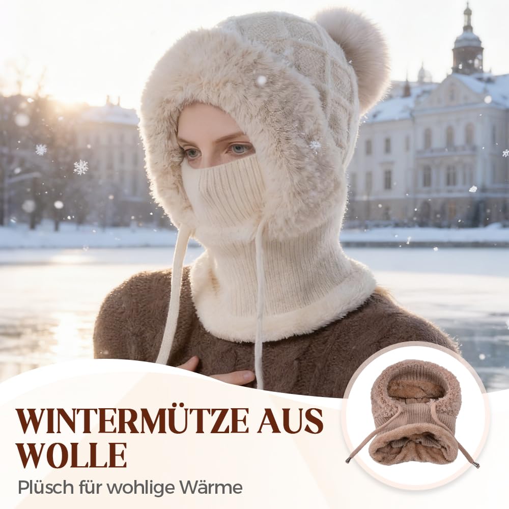 Toerjii Wintermütze Damen,Balaclava Damen,3 in 1 Beanie Mütze Warm Strickmütze & Halswärmer Sets,Multifunktional Verstellbar Gesichtsmaske für Täglich und im Freien