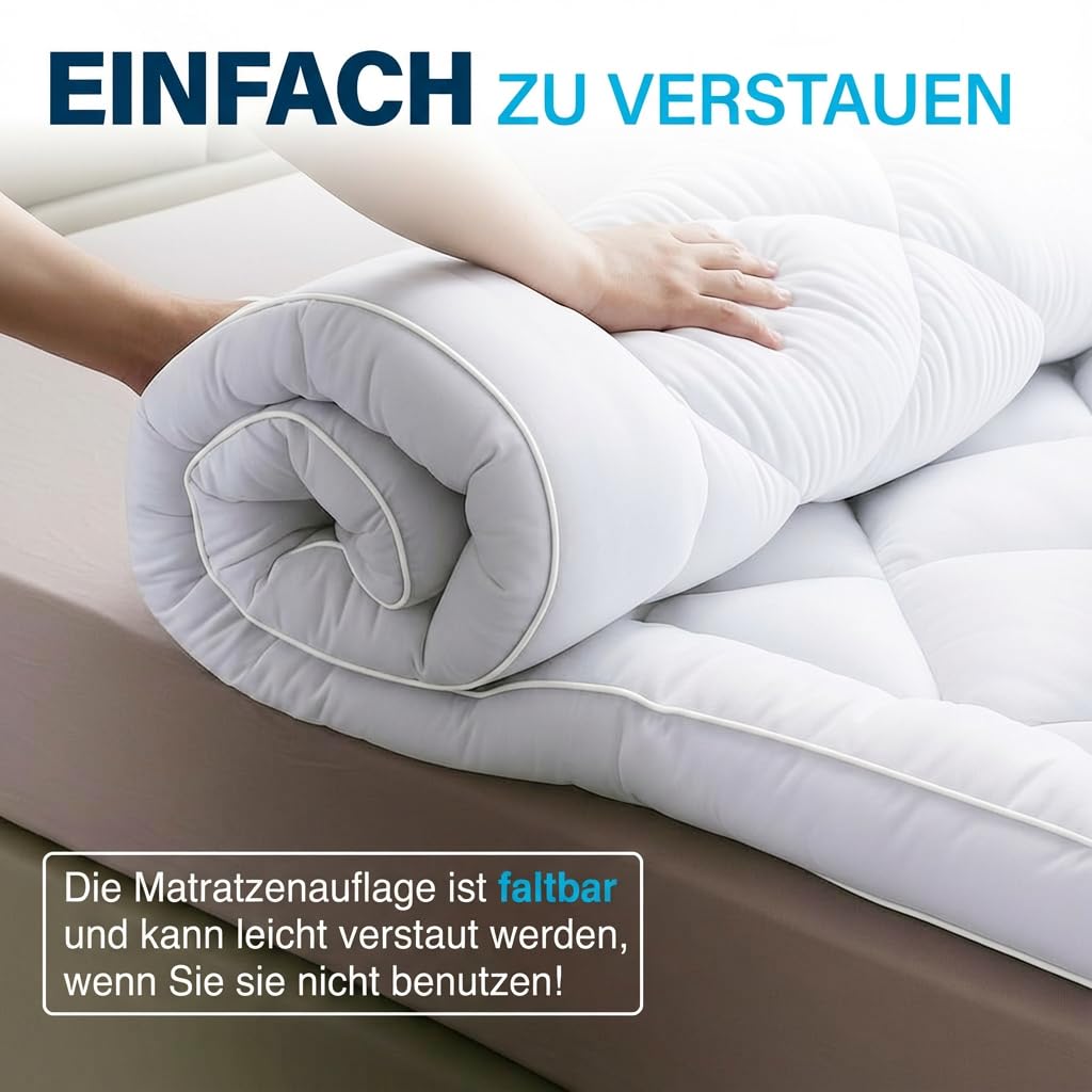 Komfort-Matratzenauflage 160x200 cm - Atmungsaktive Mikrofaser, hypoallergen und milbenhemmend, 800 g Füllung - rutschfest mit Gummibändern - Ideal für 2 Personen.