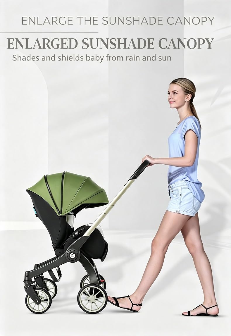 Passeggino per Bambini 4‑in‑1 Pieghevole Leggero Compatto, Seggiolino Auto, Navicella e Ovetto, Manubrio Regolabile per Neonati，nero