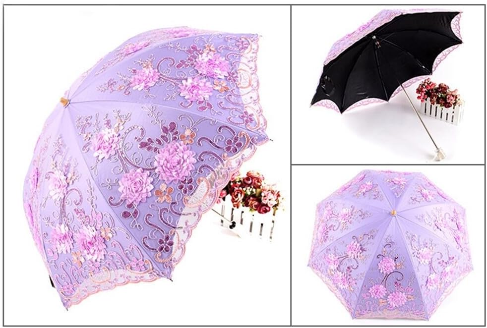 Ladies Embroidered Lace Parasol Umbrella Anti-UV Protection Sun Shade UPF 50+ Lightweight and Portable Folding Umbrella,Purple