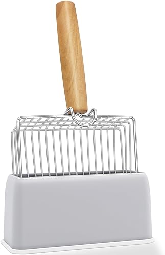 UFECODO Cuchara de arena para gatos de tamizado rápido con soporte de soporte, pala de acero inoxidable con mango de madera ergonómico, resistente y