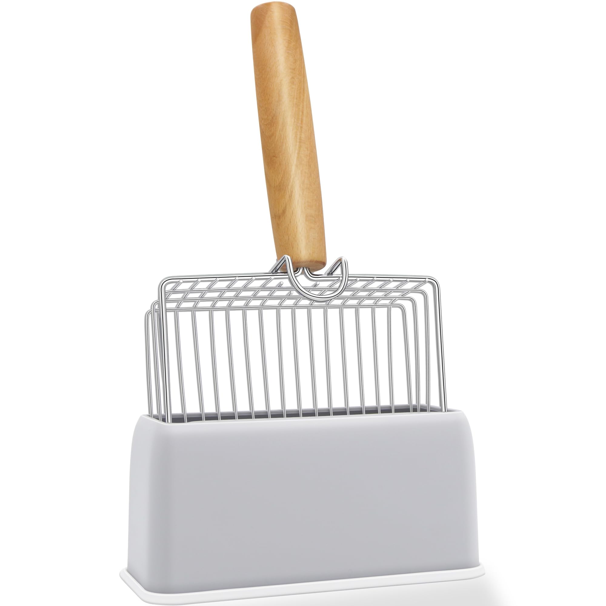 UFECODO Fast Sifting Cat Litter Scoop with Holder Stand, Stainless Steel Poop Scooper with Ergonomic Wood Handle, Heavy Duty and Easy Clean