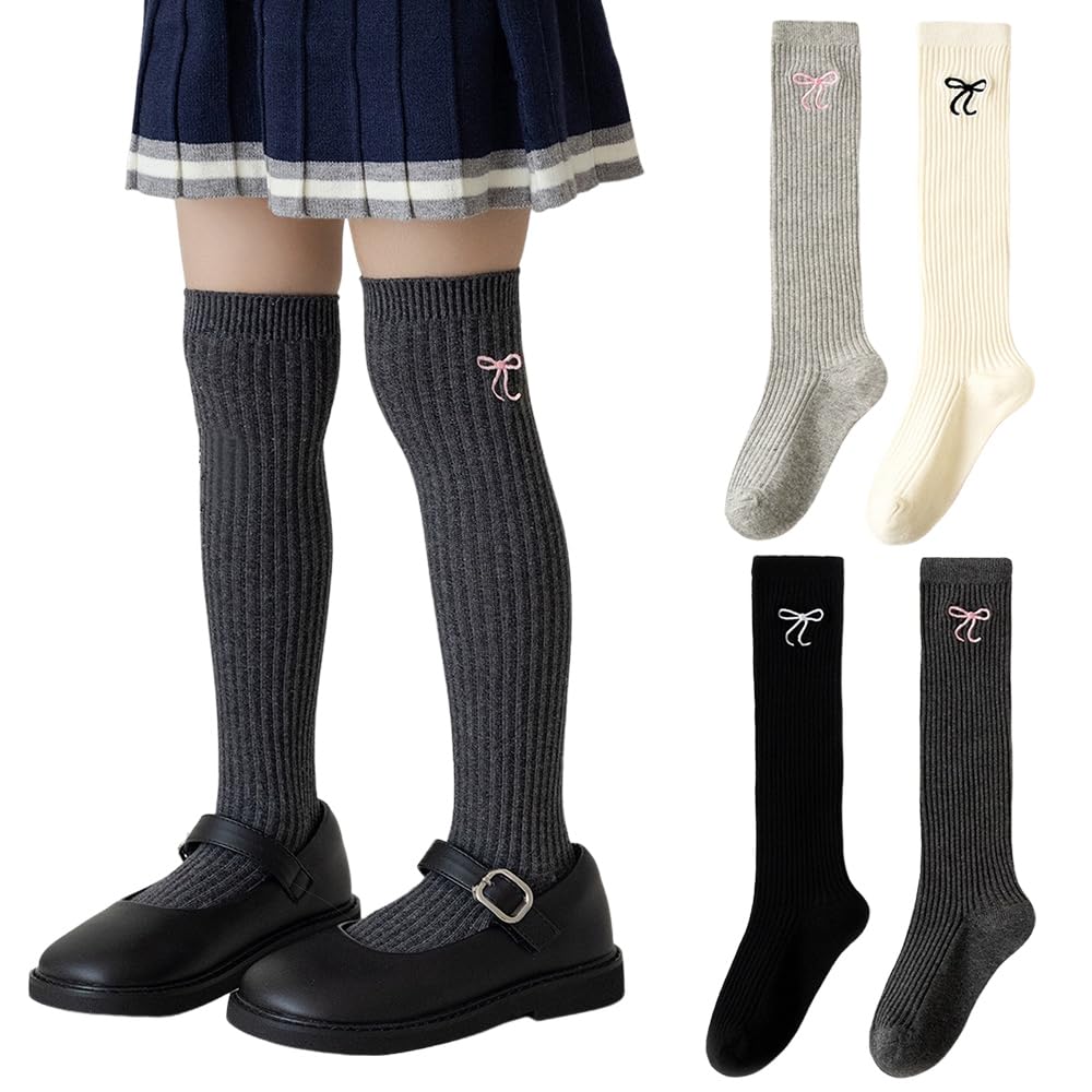 [ZGKULAEAOW] ニーハイソックス キッズ リブ ハイソックス 靴下 女の子 ニーハイ 膝上 ジュニア 子供 無地 ワンポイント刺繍 2足セット