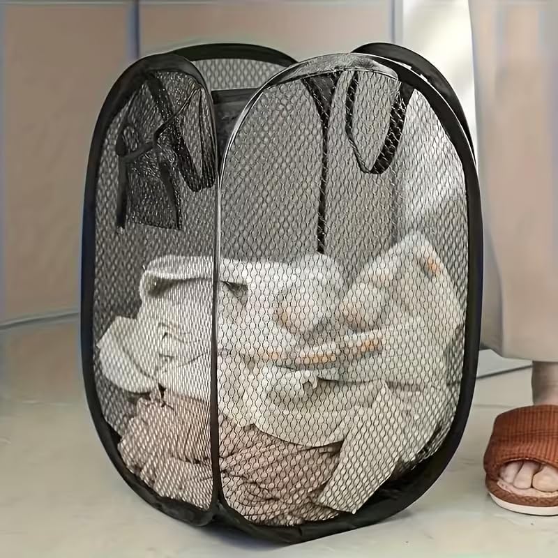 Pop Up Mesh Laundry Hamper with Ergonomic Handles, Foldable Fabric Storage, High Capacity for Laundry Room Bedroom Bathroom, Black