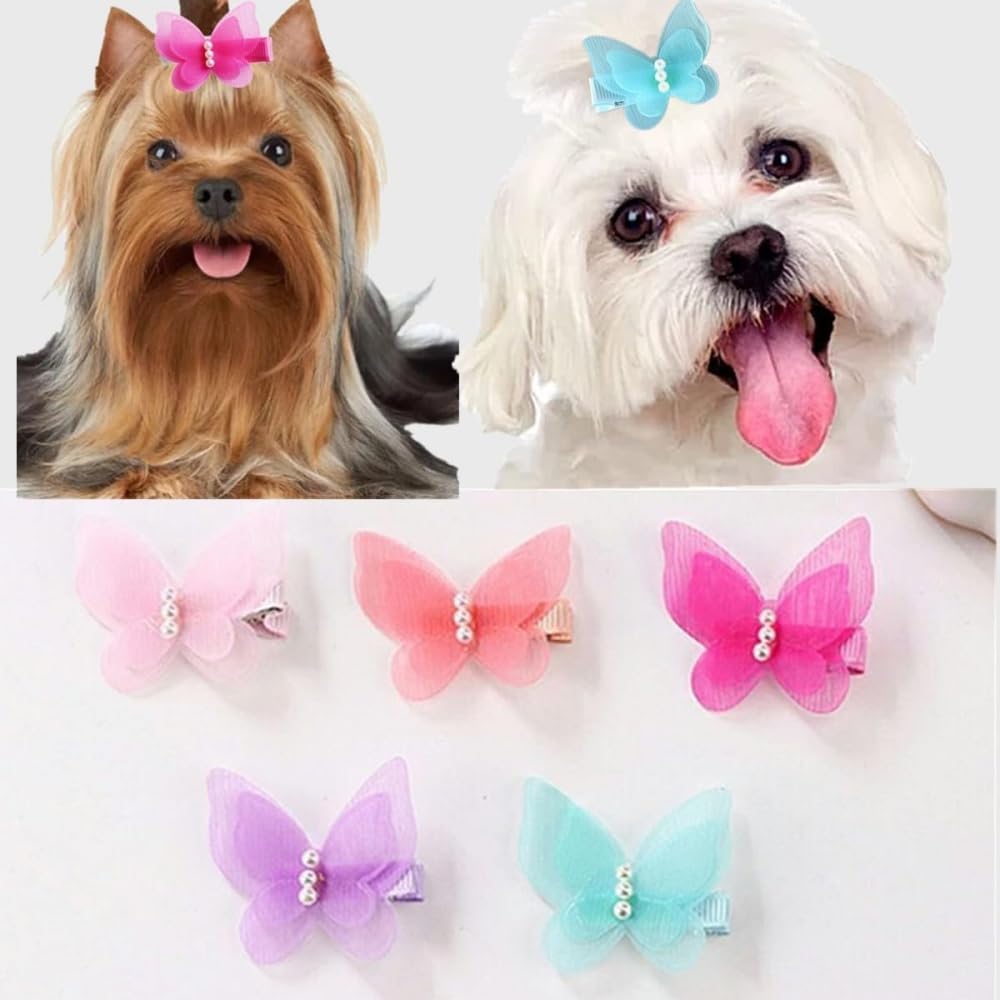 TypoGrove 5Pcs Puppy Hair Bows, Stochastic Dog Hair Clip Bow Butterfly with Pearl Style Hair Clip, Barrette for Cat Dog Puppy Hair Accessories, Puppy Bows