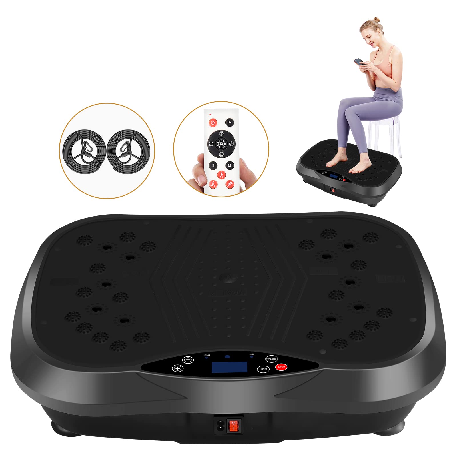 YOKELE Vibration Plate Exercise Machine - Whole Body Fitness Vibration Platform - Home Training Equipment for Recovery & Wellness & Weight Loss + Resistance Bands + Remote (Black)