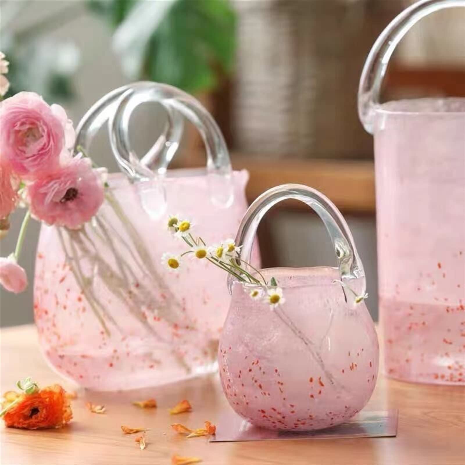 Wazon do dekoracji Różowe wiadro szklana torebka Home Decor wazon na kwiaty element dekoracyjny kreatywna gwiazda internetowa Ins stylowy hydroponiczny Retro(Średni)