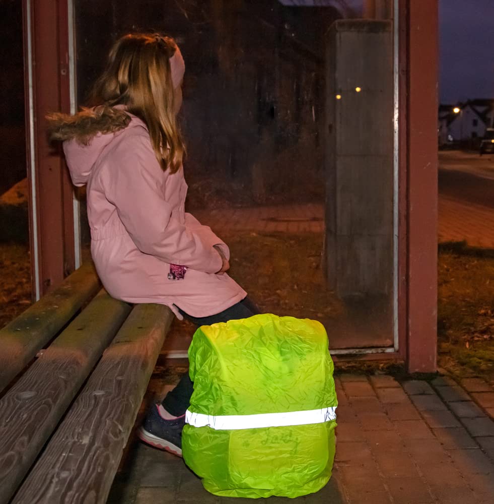 Idena 22077 - Pokrowiec przeciwdeszczowy na plecaki i torby, neonowo żółty z paskami odblaskowymi, rozmiar uniwersalny z gumką, wodoodporny, w komplecie z torbą do przechowywania i karabińczykiem