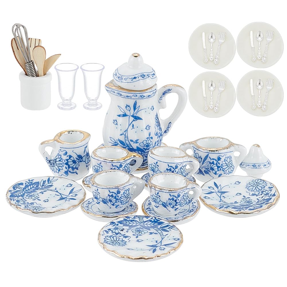 arricraft 39 Pcs 1:12 Scale Miniatures Dollhouse Kitchen Accessories, Include Mini Porcelain Tea Cup Set Egg Beaters Metal Pots and Pans Doll Plates Fork Spoon Beer Cup for Dollhouse Decoration