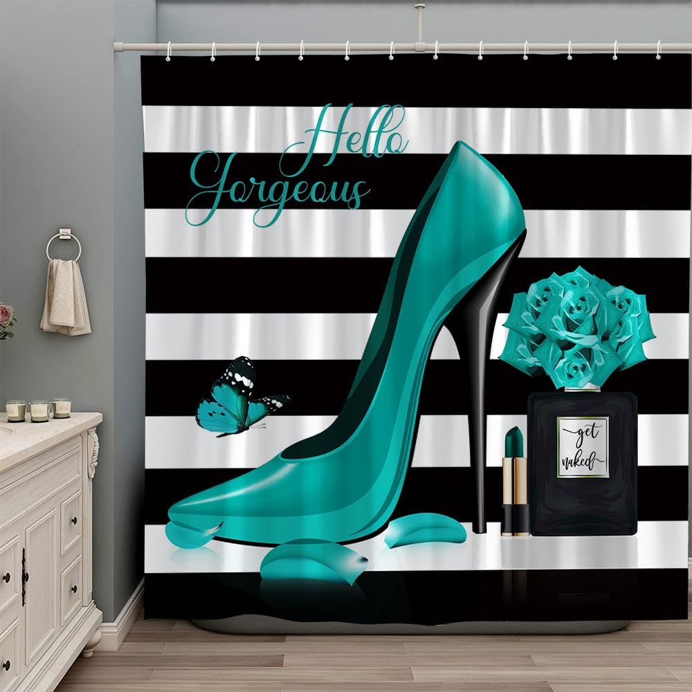 Fashion Girl Shower Curtain High Heels Perfume Bottle Rose Flower Butterfly Black White Stripe Lady Lipstick Valentine's Day Lover Theme Girly Bathroom Accessories Fabric with Hooks 106Wx70H In