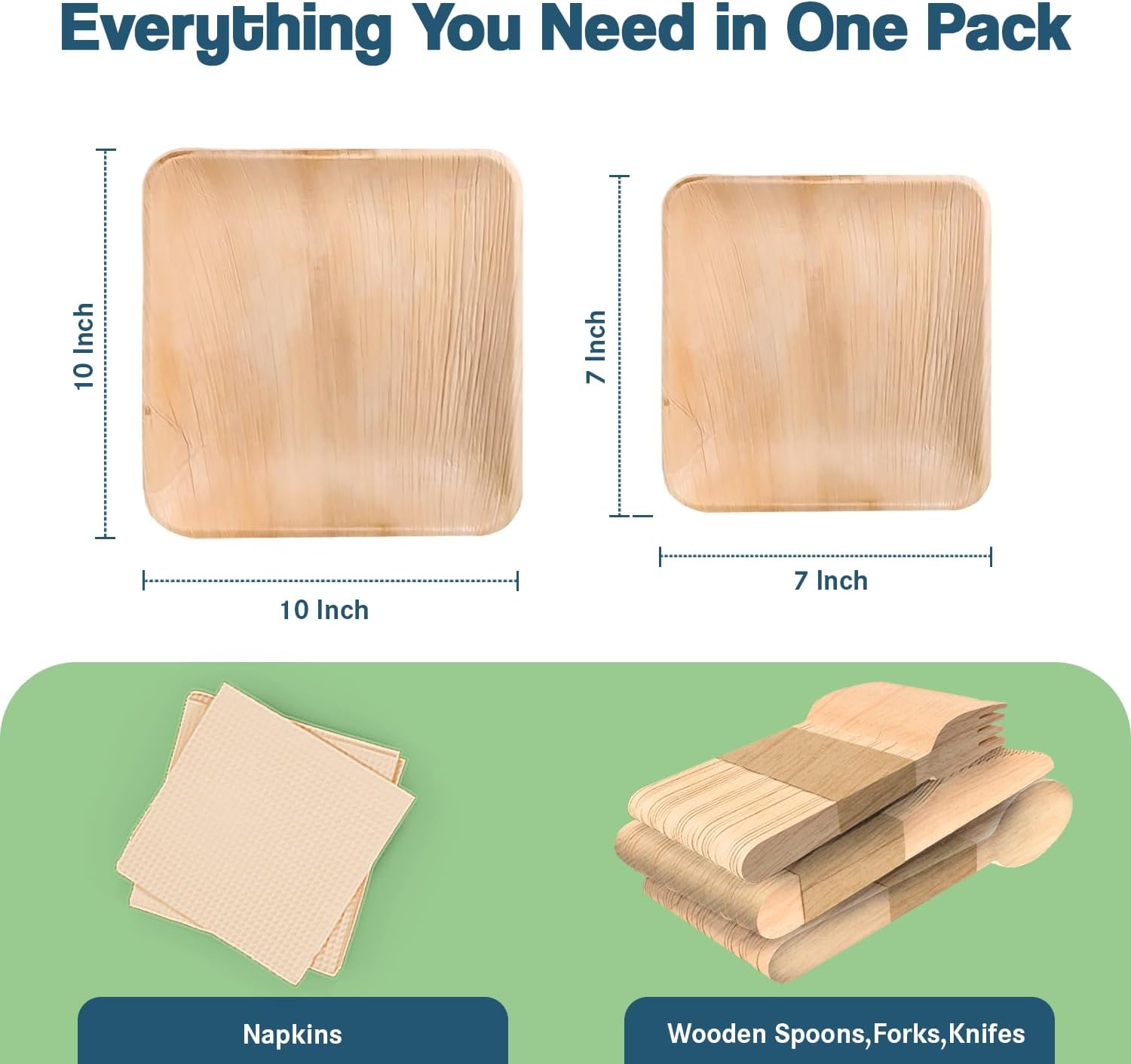 Palm Leaf Party Pack, Compostable, Biodegradable, Disposable, Sturdy, Eco-Friendly, Microwave Safe. 10'' & 7'' Square Plates, Wooden Cutlery & Napkins (For 25 People - 175 total items). - Image 5