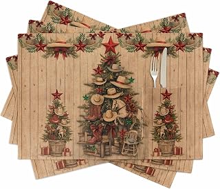 Placemats Set of 4 - Western Christmas Woven Place Mats with Pocket Washable, Cowboy Xmas Tree Vintage Wooden Brown Kitchen Table Mats for Dinner Party, Baby Shower, 13" x 19"