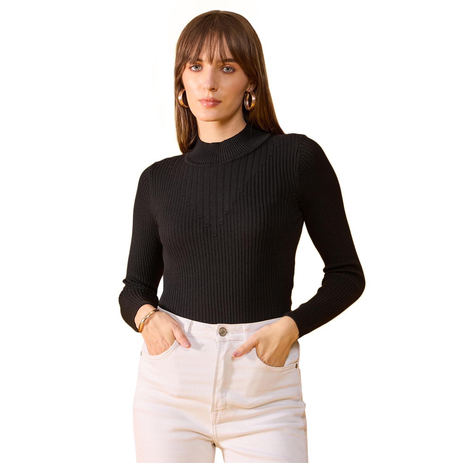 98 north 98 Degree Women Pure Cotton High Neck Sweater Has A Full Sleeve & Straight Hem-AW25AZG1156-BLACK-picture-13