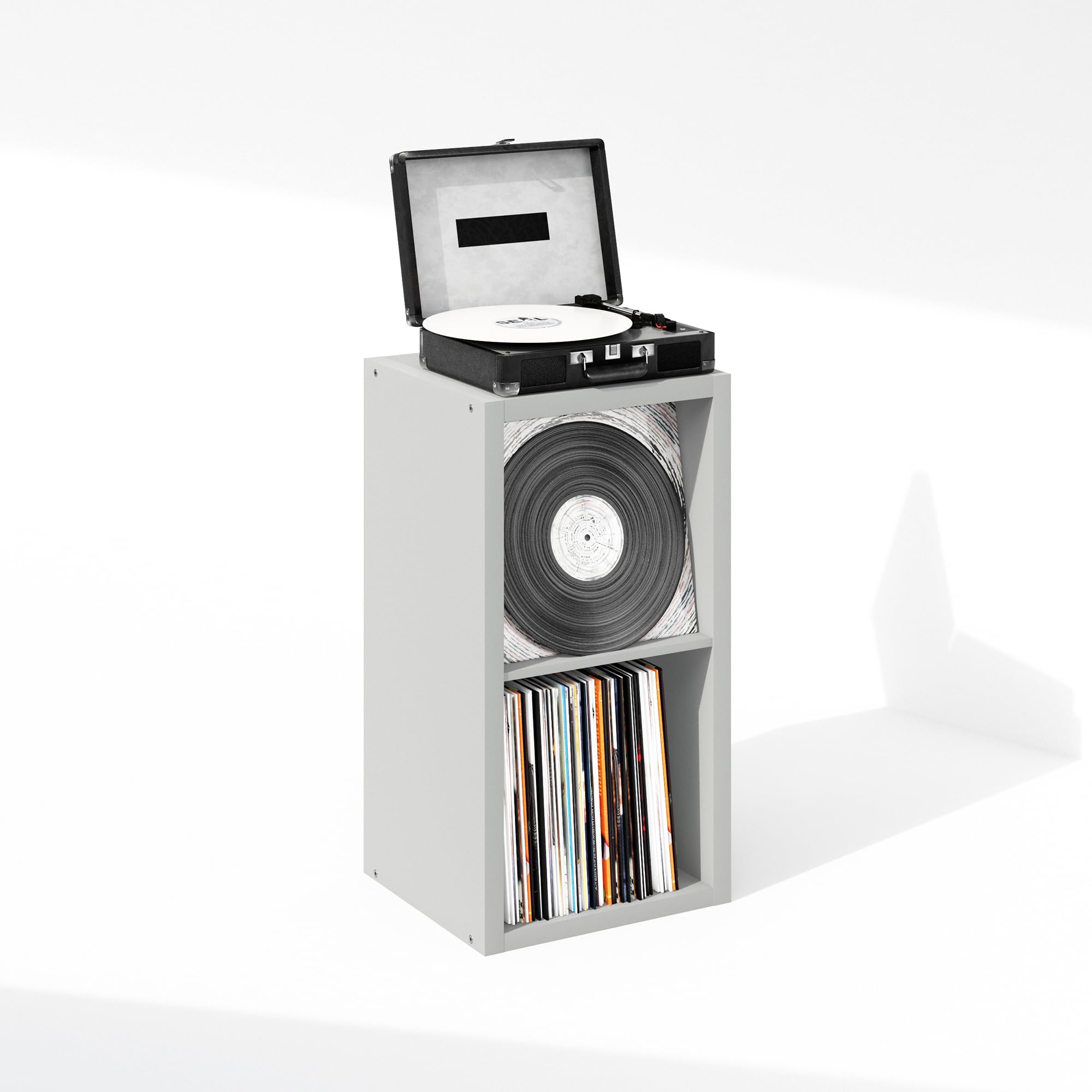 Furinno Cubicle Plattenspieler Regal mit Vinyl Aufbewahrung, 2-Würfel 1.2 Extra Dicke Vinyl Aufbewahrung, Offen Rückseitiges Medienregal für CD DVD Blueray Spiel Discs, für Wohnzimmer, Hellgrau