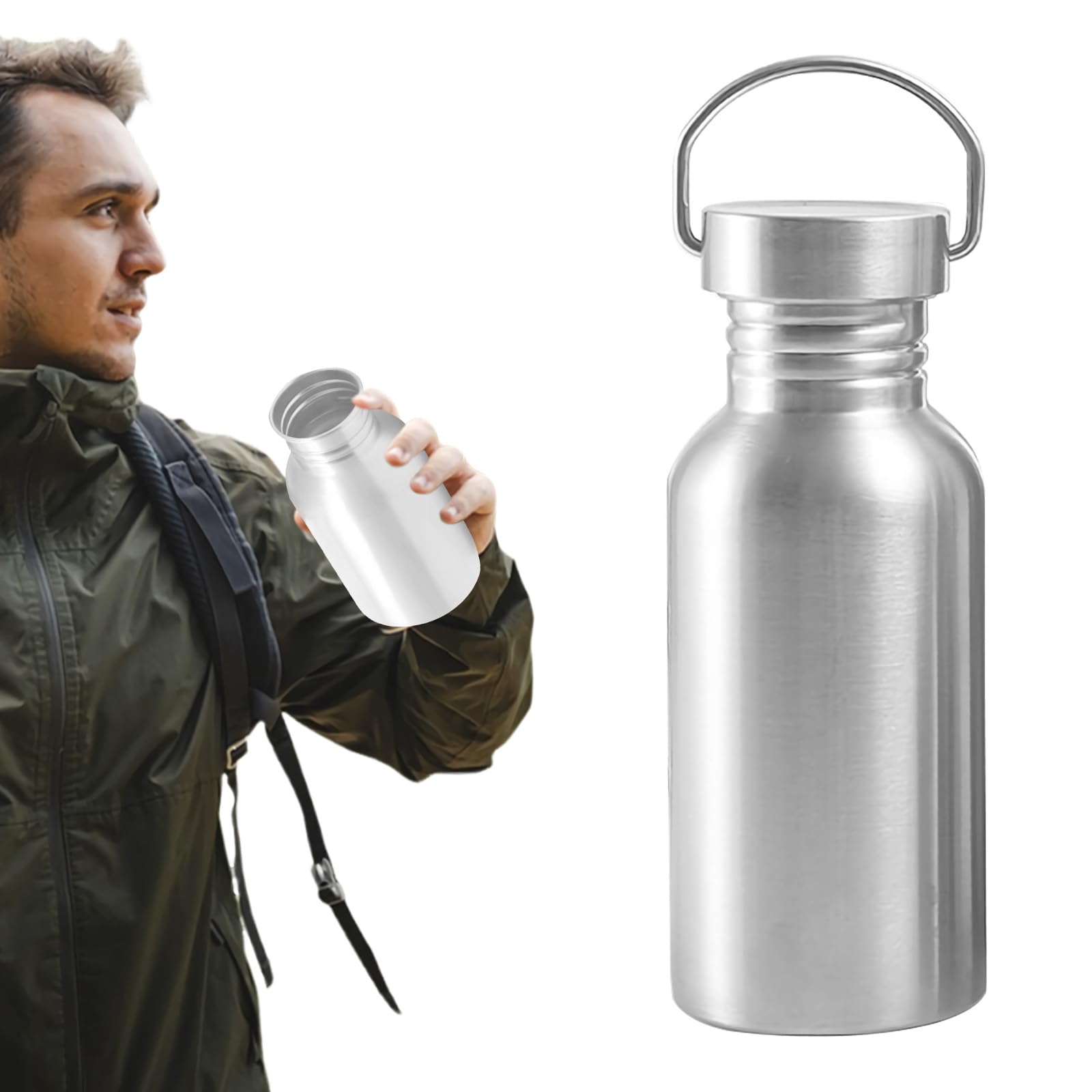 Upgrade Stainless Steel Water Bottle,Portable Single Wall Metal Water Bottles with Handle Loop,Wide Mouth, Leak Proof, BPA Free,Lightweight outdoor Sports Camping Bike Cycling Kettle Cup (A, 500ML)