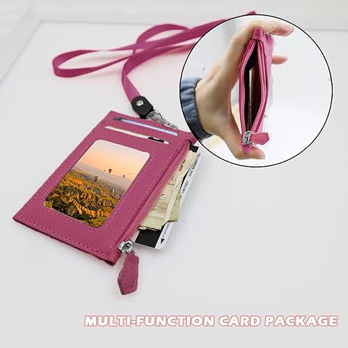 Miniatura 4 de Paquete de 2 portatarjetas de cuero con bolsillo con cremallera, cartera con cordón, tarjetero para tarjetas de identificación con 4 ranuras para