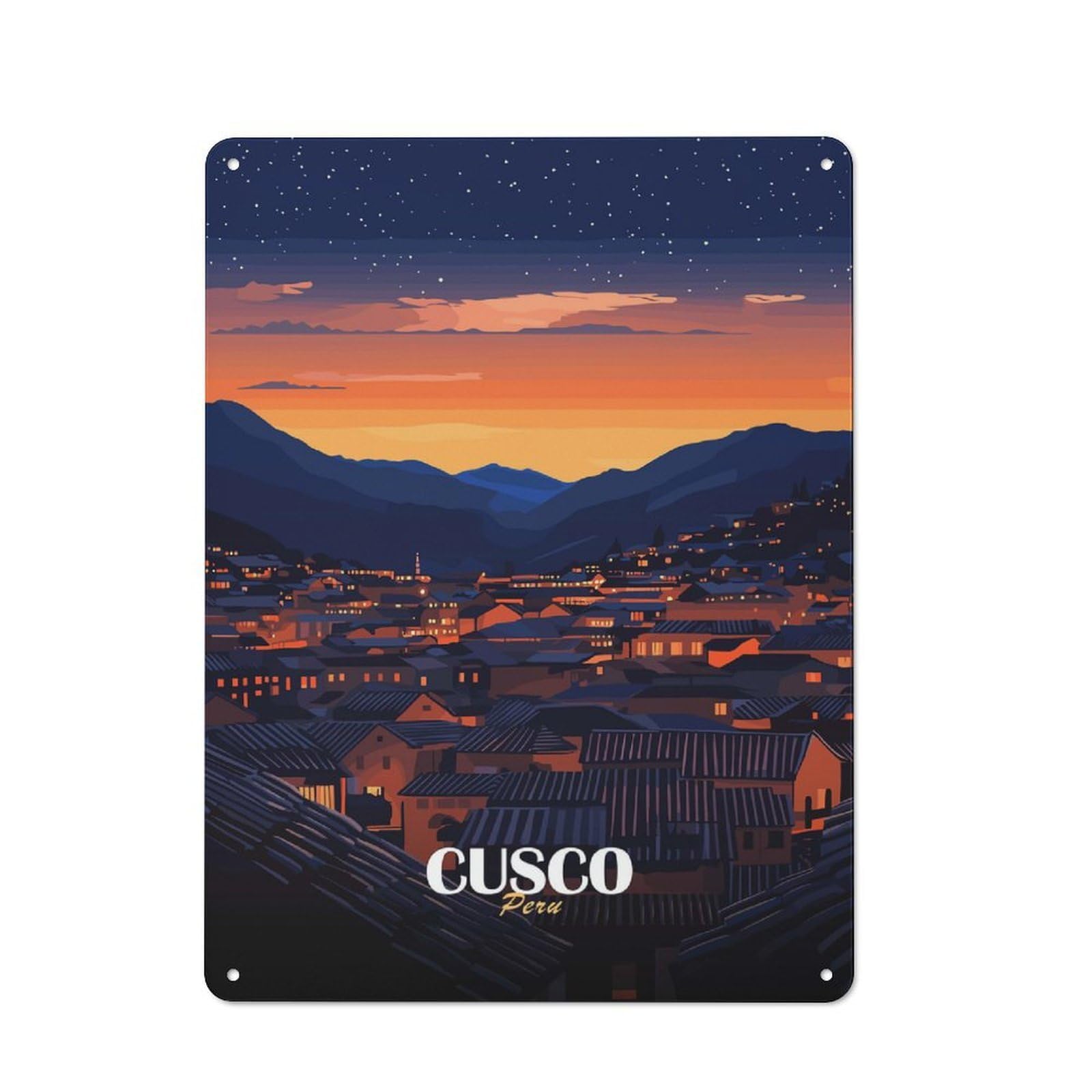 Junmoney Style Cusco, Peru At Nightfall Rustic Printed Metal Sign 40X30cm For Garage Or Workshop, For Garage, Workshop And Man Cave Decoration