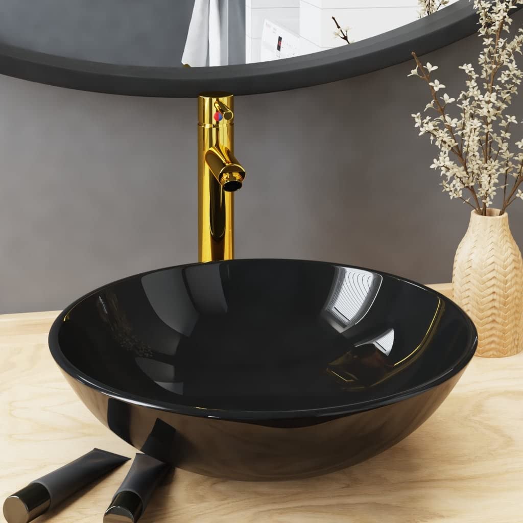 Badezimmer Waschbecken mit Wasserhahn Ablaufgarnitur Schwarz,Heimwerkerbedarf,Sanitärbedarf,Sanitärkeramik & Armaturen,Waschbecken & Spülen,Badezimmer-Waschbecken,Schwarz,8.08 kg-3098451