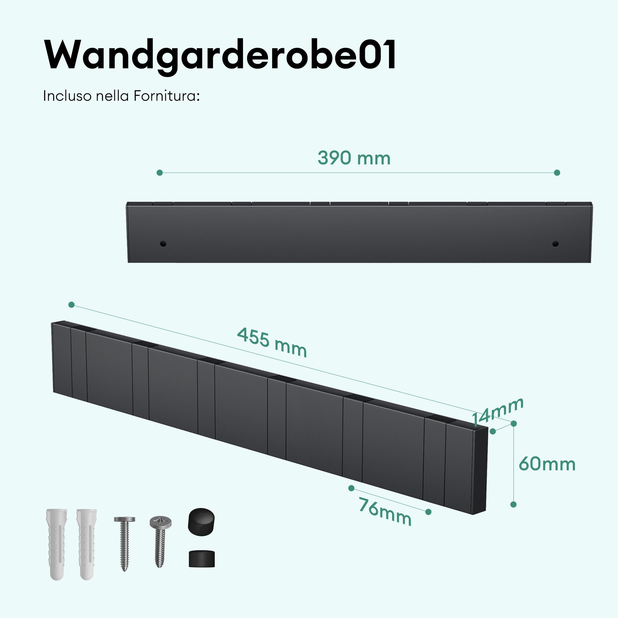 Mai & Mai Appendiabiti da Parete con 6 Ganci Ribaltabili, Attaccapanni da Muro in Alluminio Appendiabiti 44,5 cm per Cameretta, Ingresso, Cucina, Nero Wandgarderobe01