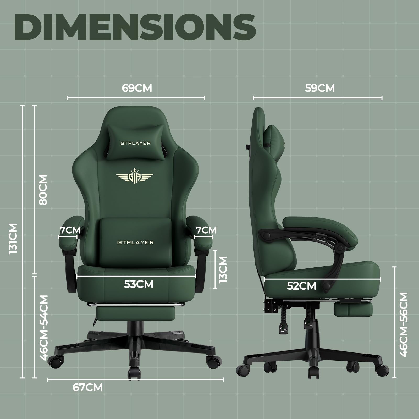 GTPLAYER Chaise de Gaming - Respirante - Ergonomique - Simili Cuir de qualité supérieure - Chaise Ergonomique en Polycarbonate - Dossier réglable à 160° et Repose-Pieds Extensible -Charge 180 kg -Vert