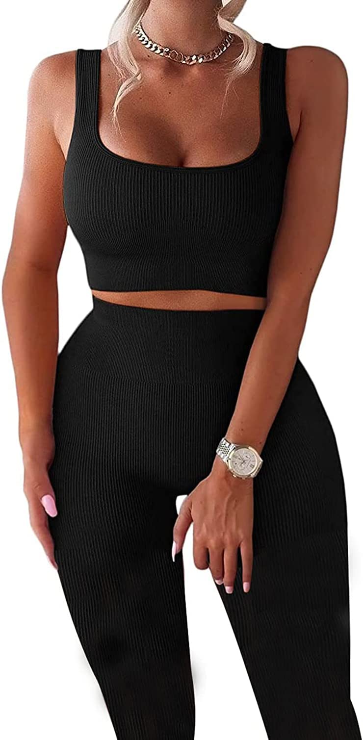 YESDOO Women's Workout Outfits Ribbed Tank 2 Piece Seamless High Waist Gym Outfit Yoga Shorts Leggings Sets