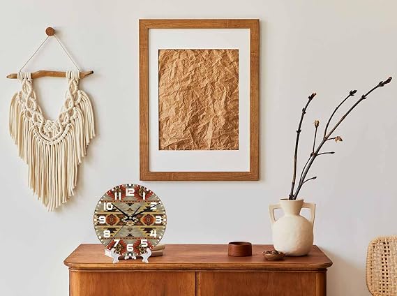 Aztec Pattern Wall Clock Battery Operated American Style Wall Clock Silent Non Ticking Quality Quartz 10 Inch Round Easy Clock to Read for Home Office
